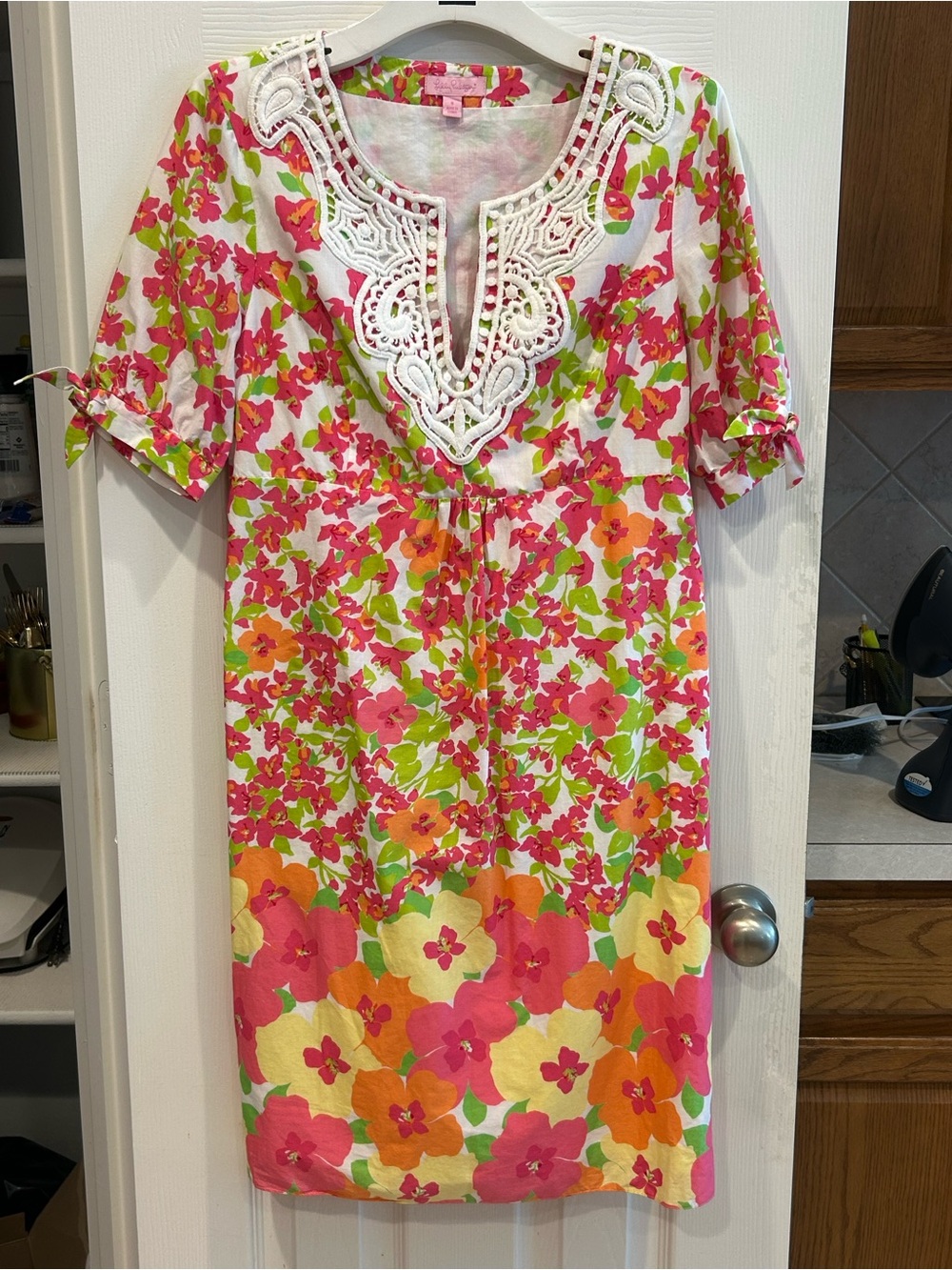 Lilly Pulitzer Pink, Green & Orange Floral Garden Crochet-Trim Midi Dress 8